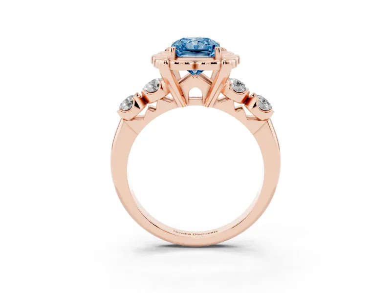 Fancy Blue Radiant Cut Diamond Floral Halo Ring Set in Rose gold with Shared Prong Band