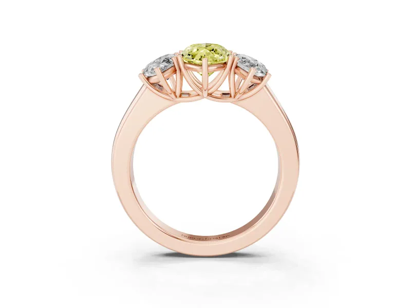Fancy Yellow Three-Stone Marquise Cut Diamond Ring Set in Rose gold with Matching Prong Settings and Plain Band