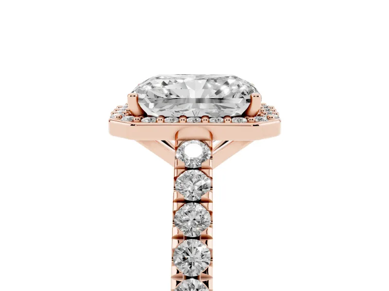 Radiant Cut Diamond Halo Engagement Ring Set in Rose gold with Pavé Band and Prong Setting