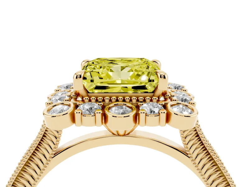 Princess Cut Scalloped Halo Engagement Ring Setting for a Fancy Yellow Lab-Grown Diamond | Milgrain Edges | Yellow Gold