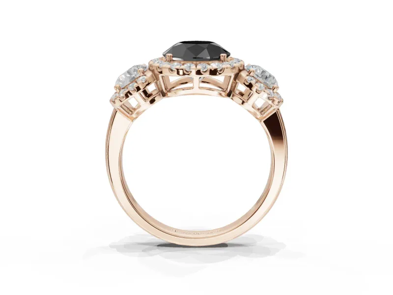 Round Three Stone Halo Engagement Ring Setting for a Black Center | Haloed Side Stones | Rose Gold