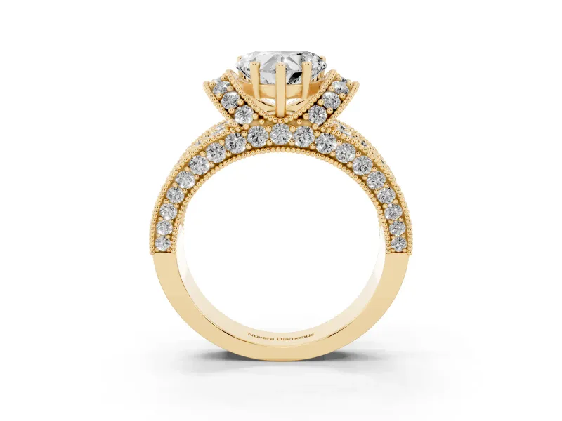 Heart-Shaped Vintage Milgrain Pave Engagement Ring Setting | Crescent Side Rows | Yellow Gold