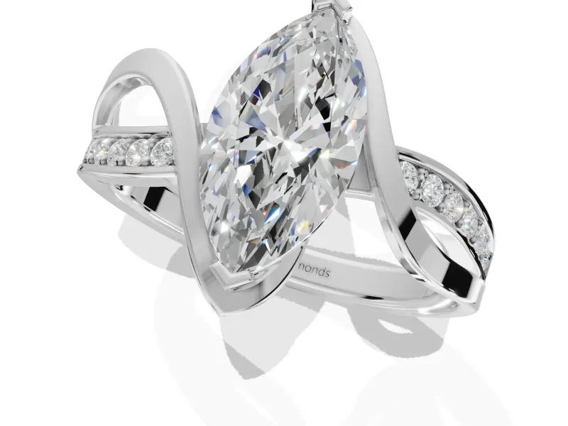 Marquise Bypass Solitaire Engagement Ring Setting | Pavé and Plain Strands | White Gold