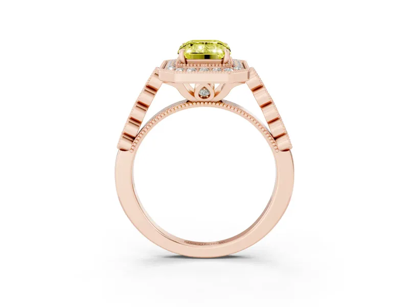 Emerald Cut Graduated Milgrain Halo Engagement Ring Setting for a Fancy Yellow Lab-Grown Diamond | Rose Gold
