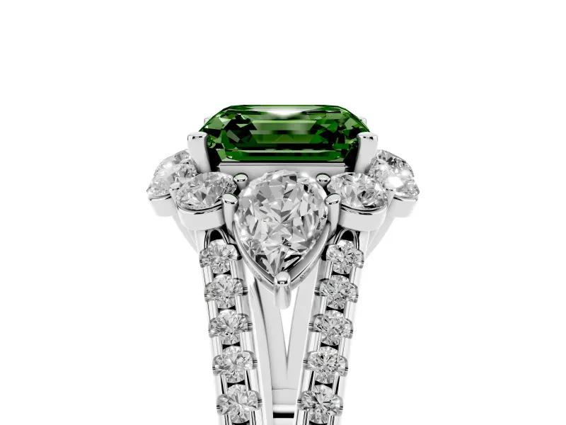 Fancy Green Asscher Cut Diamond Halo Split Shank Engagement Ring Set in White gold with Prong-Held Center Stone