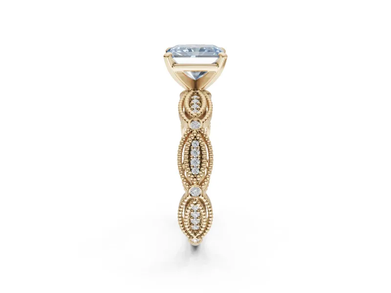 Radiant Cut Vintage Engagement Ring Setting for a Fancy Blue Lab-Grown Diamond | Graduated Stations | Yellow Gold