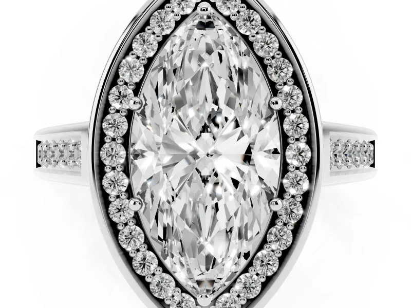 Marquise Cut Diamond Halo Solitaire Ring Set in White gold with Pavé Band and Bezel Setting