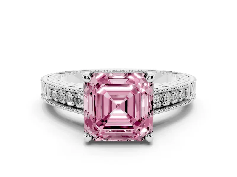 Fancy Pink Asscher Cut Diamond Solitaire Pavé Milgrain Engagement Ring Set in Platinum with Prong Setting