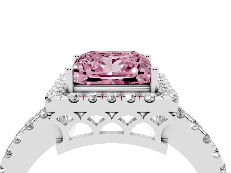 Fancy Pink Princess Cut Diamond Pavé Band Halo Engagement Ring Set in Platinum with Prong Setting