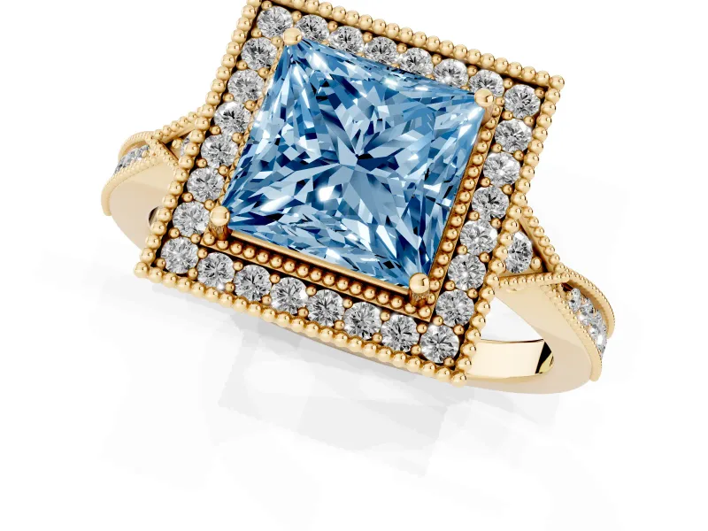 Princess Cut Milgrain Halo Engagement Ring Setting for a Fancy Blue Lab-Grown Diamond | Graduated Pavé | Yellow Gold