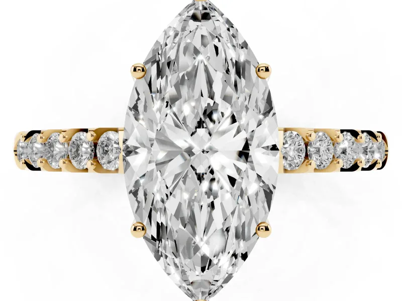 Marquise Hidden Halo Solitaire Engagement Ring Setting | Shared Prong Band | Yellow Gold