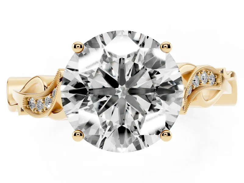 Round Vintage Vine Solitaire Engagement Ring Setting | Milgrain Leaves | Yellow Gold
