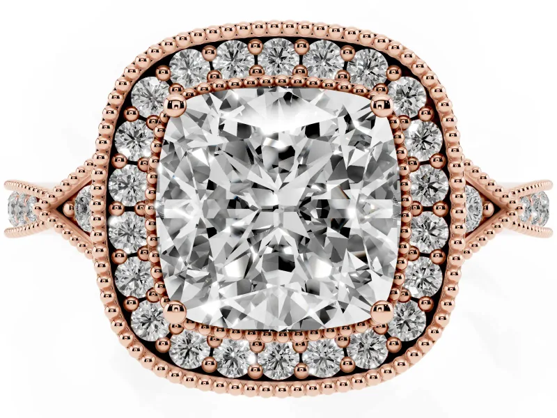 Cushion Cut Diamond Halo Engagement Ring Set in Rose gold with Milgrain Pavé Band