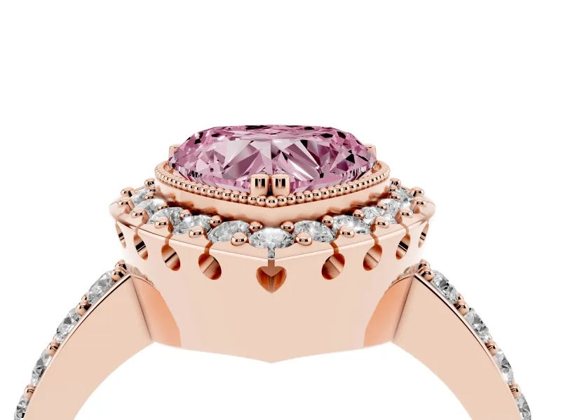 Heart-Shaped Milgrain Halo Engagement Ring Setting for a Fancy Pink Lab-Grown Diamond | Pavé Shoulders | Rose Gold