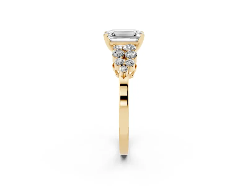 Emerald Cut Diamond Cluster Engagement Ring Set in Yellow gold with Pavé Band and Prong Setting