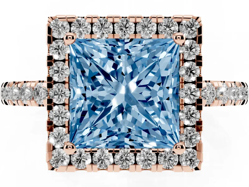 Princess Cut Halo Engagement Ring Setting for a Fancy Blue Lab-Grown Diamond | Pavé Band | Rose Gold