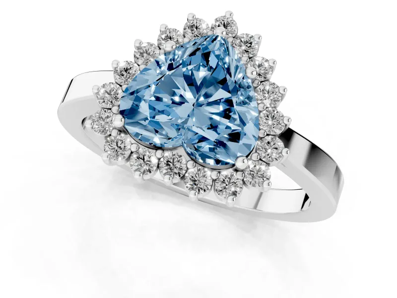 Fancy Blue Heart Cut Diamond Halo Ring Set in Platinum with Round Halo and Smooth Solitaire Band