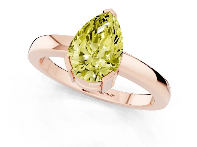 Fancy Yellow Pear Cut Diamond Solitaire Ring Set in Rose gold with Prong Head and Smooth Polished Band