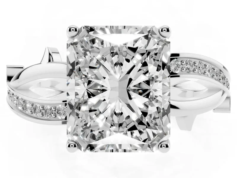 Radiant Cut Diamond Pavé Twist Band Solitaire Ring Set in Silver with Prong Setting