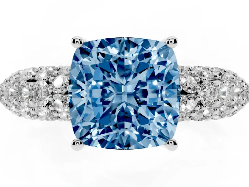 Cushion Cut Close Set Pave Engagement Ring Setting for a Fancy Blue Lab-Grown Diamond | Multi Row | Sterling Silver