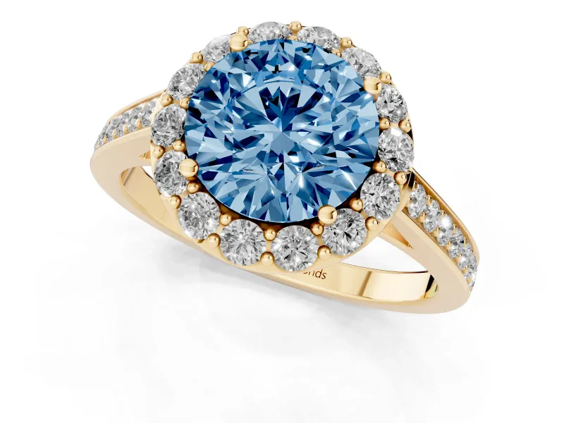 Fancy Blue Round Cut Diamond Floral Halo Ring Set in Yellow gold with Pavé Band and Prong Setting