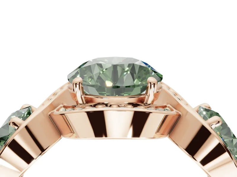 Round Three Stone Halo Engagement Ring Setting for a Fancy Green Lab-Grown Diamond | Pavé Wave Band | Rose Gold
