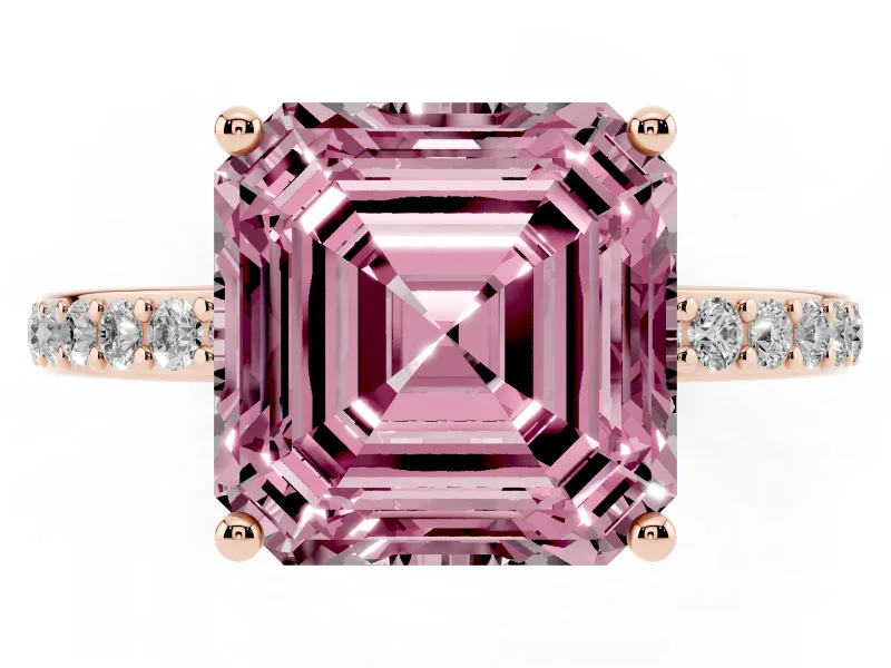 Fancy Pink Asscher Cut Diamond Pavé Band Ring Set in Rose gold with Prong-Set Center Stone