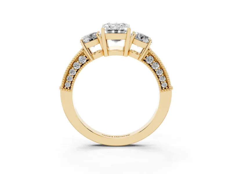 Emerald Cut Diamond Three-Stone Ring Set in Yellow gold with Round Side Stones and Pavé Band
