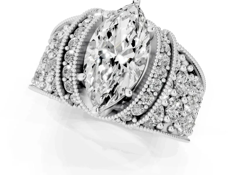 Marquise Vintage Milgrain Pave Engagement Ring Setting | Crescent Side Rows | Platinum