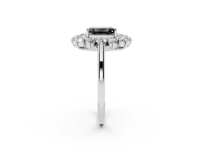 Emerald Cut Floral Double Halo Engagement Ring Setting for a Black Center | Plain Band | White Gold