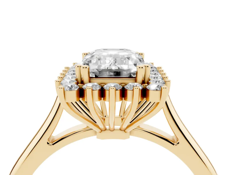 Emerald Cut Diamond Halo Ring Set in Yellow gold with Plain Solitaire Band and Prong Setting