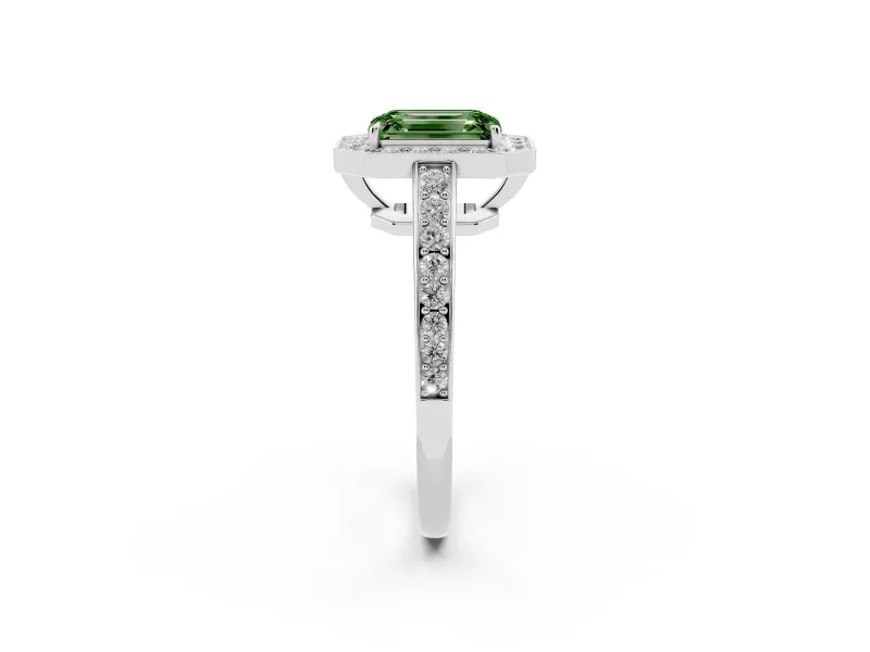 Fancy Green Emerald Cut Diamond Halo Pavé Engagement Ring Set in White gold with Bezel Setting