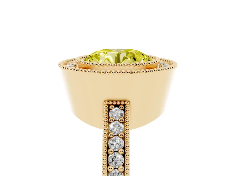 Fancy Yellow Round Cut Diamond Halo Engagement Ring Set in Yellow gold with Pavé Band and Round Halo Stones