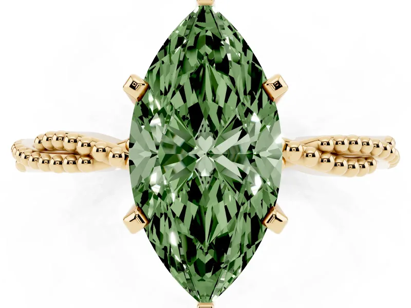Fancy Green Marquise Cut Diamond Solitaire Ring Set in Yellow gold with Twisted Band and Bead Prong Setting