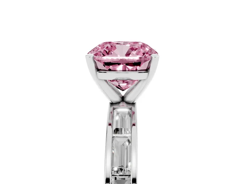 Fancy Pink Cushion Cut Diamond Solitaire Ring Set in Platinum with Channel-Set Baguette Band and Prong Setting