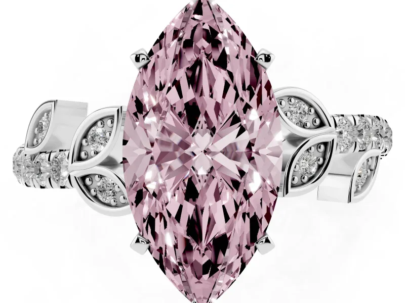 Fancy Pink Marquise Cut Diamond Solitaire Leaf-Inspired Ring Set in White gold with Pavé Band and Prong Setting