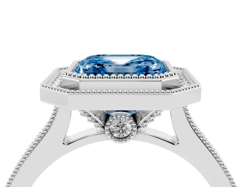 Asscher Cut Vintage Milgrain Halo Engagement Ring Setting for a Fancy Blue Lab-Grown Diamond | Bezel Head | White Gold