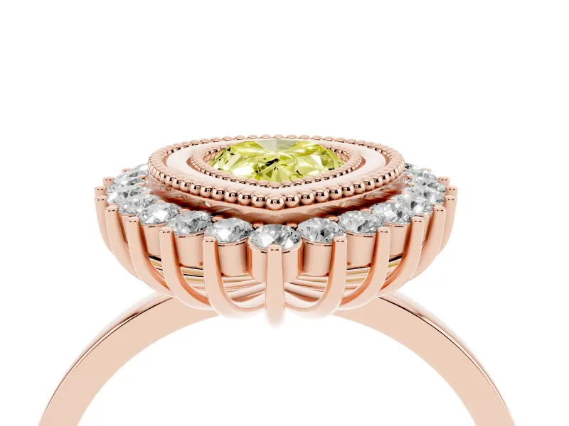 Fancy Yellow Pear Cut Diamond Halo Ring Set in Rose gold with Milgrain Edge and Round Prong Setting