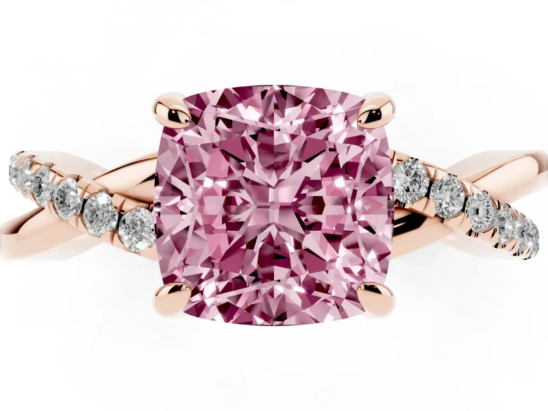 Fancy Pink Cushion Cut Diamond Twist Band Solitaire Set in Rose gold with Pavé Accents and Prong Setting