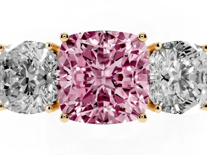 Cushion Cut Three Stone Engagement Ring Setting for a Fancy Pink Lab-Grown Diamond | Beaded Shoulders | Yellow Gold