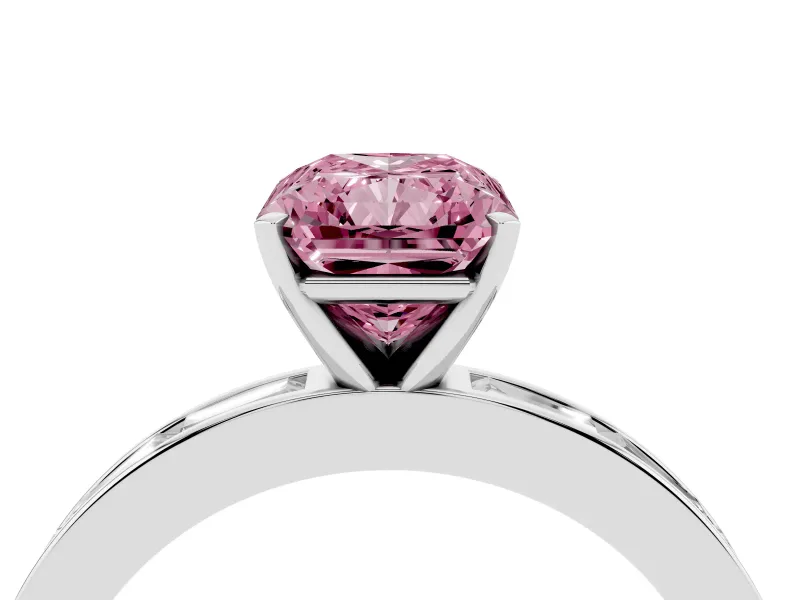 Fancy Pink Radiant Cut Diamond Solitaire Ring Set in Platinum with Channel-Set Baguette Band and Prong Setting