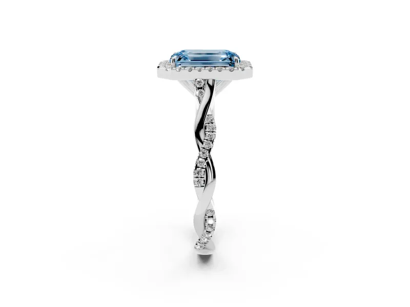 Emerald Cut Twist Halo Engagement Ring Setting for a Fancy Blue Lab-Grown Diamond | Platinum