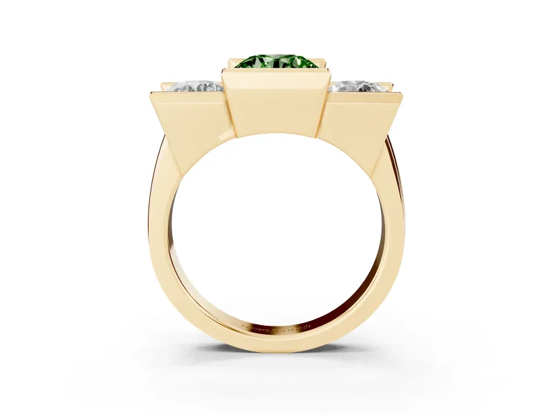 Fancy Green Round Cut Diamond Three-Stone Channel Set Ring Set in Yellow gold with Smooth Polished Band