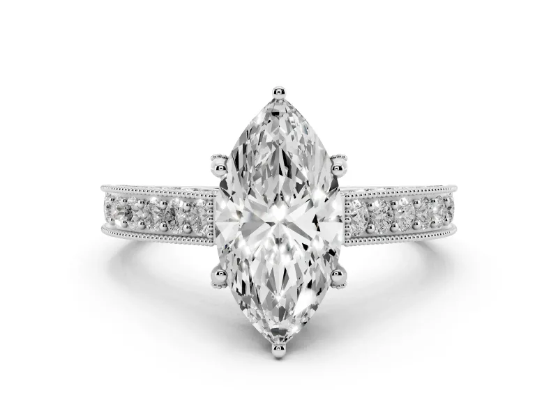 Marquise Cut Diamond Solitaire Ring Set in White gold with Milgrain-Edged Pavé Band and Prong Setting