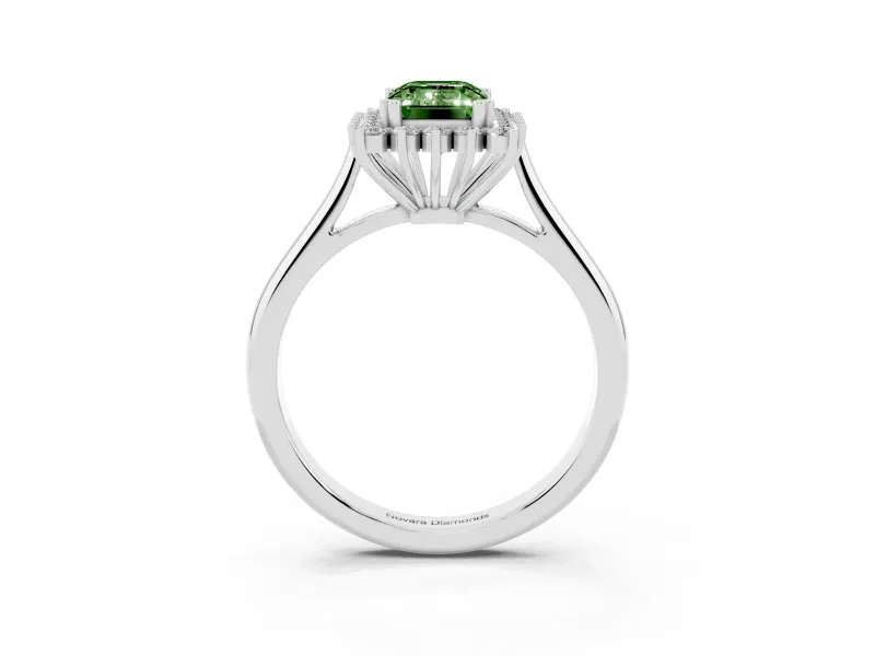 Fancy Green Emerald Cut Diamond Halo Ring Set in Platinum with Plain Solitaire Band and Prong Setting