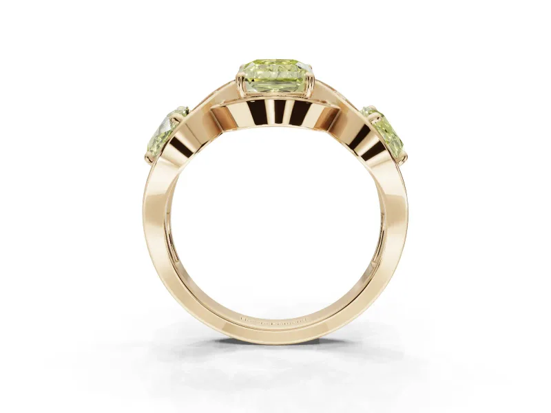 Radiant Cut Three Stone Halo Engagement Ring Setting for a Fancy Yellow Lab-Grown Diamond | Pavé Wave Band | Yellow Gold