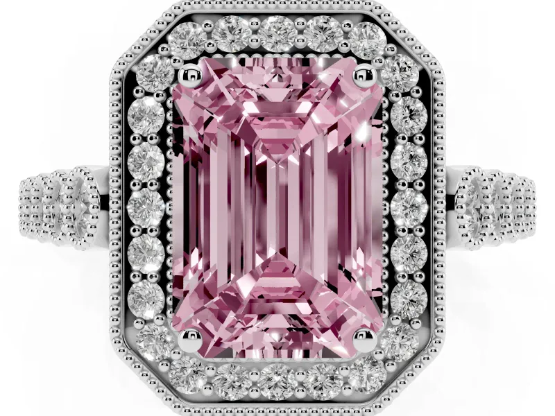 Emerald Cut Graduated Milgrain Halo Engagement Ring Setting for a Fancy Pink Lab-Grown Diamond | Platinum