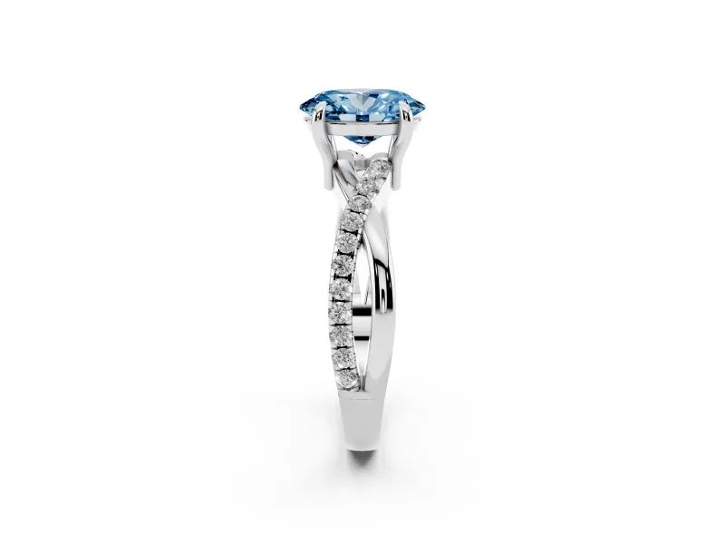 Fancy Blue Oval Cut Diamond Twist Band Solitaire Set in Platinum with Pavé Accents and Prong Setting