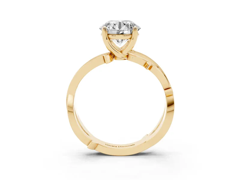 Round Cut Diamond Pavé Twist Band Solitaire Ring Set in Yellow gold with Prong Setting