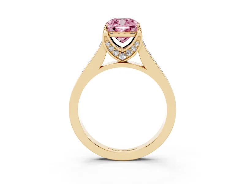 Cushion Cut Graduated Pavé Engagement Ring Setting for a Fancy Pink Lab-Grown Diamond | Yellow Gold